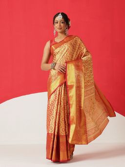 Silk Land - Red Silk Woven Saree with Unstitched Blouse