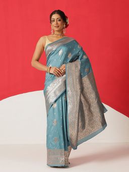 Silk Land - Blue Art Silk Woven Saree with Unstitched Blouse