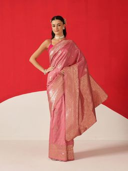 Silk Land - Pink Art Silk Woven Saree with Unstitched Blouse