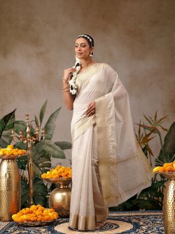 Silk Land - Beige Onam Cotton Blend Woven Saree with Unstitched Blouse