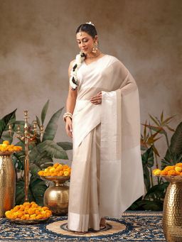 Silk Land - Beige Silk Woven Saree with Unstitched Blouse