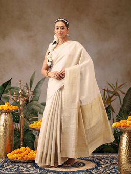 Silk Land - Beige Silk Woven Onam Saree with Unstitched Blouse