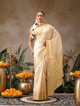Silk Land - Beige Silk Woven Onam Saree with Unstitched Blouse