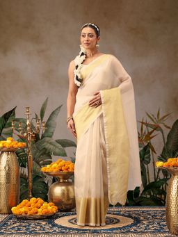Silk Land - Beige Silk Woven Onam Saree with Unstitched Blouse