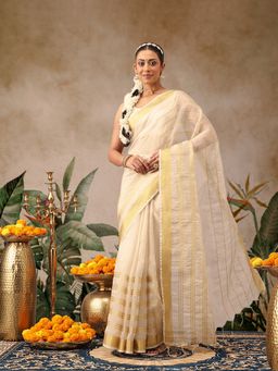 Silk Land - Beige Silk Woven Onam Saree with Unstitched Blouse