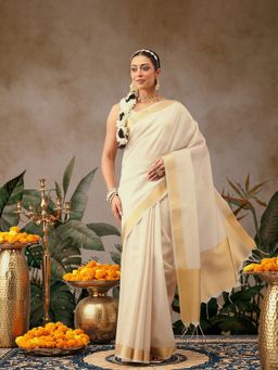Silk Land - Beige Silk Woven Onam Saree with Unstitched Blouse