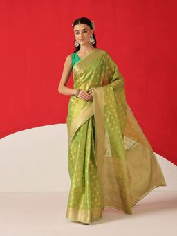Silk Land - Green Tissue Woven Pre Draped Saree with Unstitched Blouse