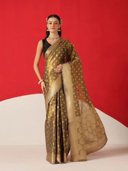 Silk Land - Grey Tissue Woven Pre Draped Saree with Unstitched Blouse
