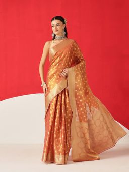 Silk Land - Peach Tissue Woven Pre Draped Saree with Unstitched Blouse