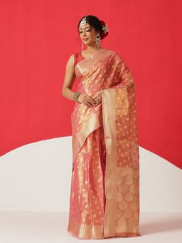 Silk Land - Pink Tissue Woven Pre Draped Saree with Unstitched Blouse