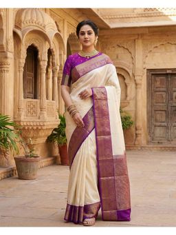 Anjaneya Sarees - White Designer Banarasi Silk Kanjivaram Solid Saree with Unstitched Blouse