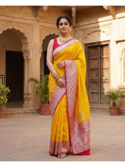 Anjaneya Sarees - Yellow Designer Banarasi Silk Kanjivaram Solid Saree with Unstitched Blouse