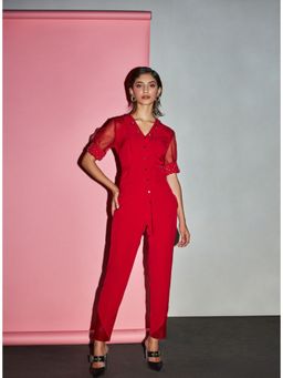 Label Deepika Nagpal - Ruby Red High-Low Embellished Top With Scallop Detailing (Set of 3)