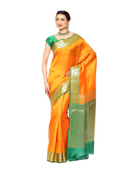 Banarasi Silk Works - Orange Valkalam Katan Silk Anchal Saree with Unstitched Blouse
