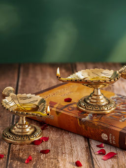 DecorTwist - Brass Leaf Shaped Diya On Decorative Base (Single)