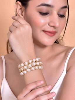 VOJ - Women White and Gold Toned Pearls Gold Plated Multi Strand Bracelet