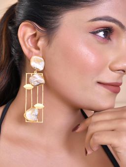 VOJ - Gold Plated Gray Stone Studded Contemporary Rectangular Shaped Dangle Earrings