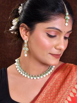 VOJ - White Pearl Kundan Necklace And Earring With Manag Tikka Jewellery Set