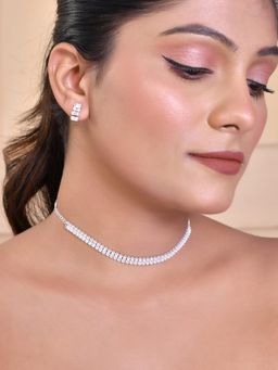 VOJ - Silver Plated White Cubical Beads Choker Set With Earrings