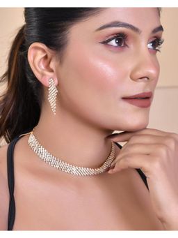 VOJ - Gold Plated American Diamond Handcrafted Choker With Earrings Set