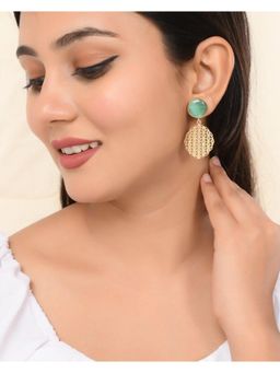 VOJ - One Gram Gold Plated Green Colored Stone Studded Dangle Earrings