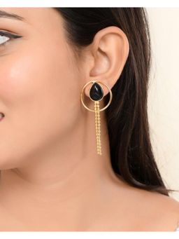 VOJ - One Gram Gold Plated Drop Shaped Black Stone Studded Dangle Earrings