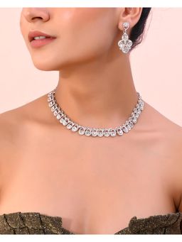 VOJ - Ad Stone Studded Silver Plated Necklace And Earrings Set