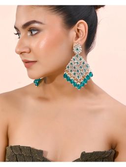 VOJ - Traditional Gold Plated Green And White Ad Stone Statement Drop Earrings