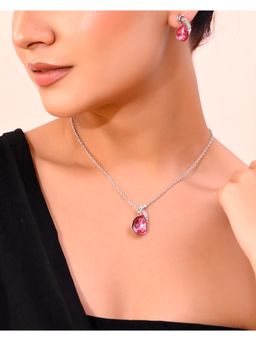 VOJ - Silver Plated Chan With Pink And White Ad Stone Studded Pendant And Earrings Set