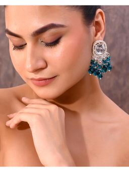 VOJ - Silver Plated Kundan Earrings With Teal Color Pearls