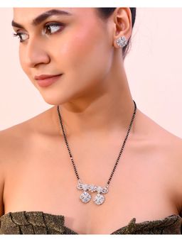 VOJ - Silver-Plated Black Beaded And Ad Studded Chain Mangalsutra Set