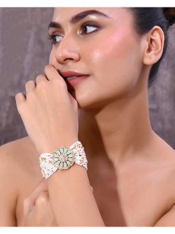 VOJ - Gold Plated Green Flower Studded And Beaded Mutli Layer Bracelet