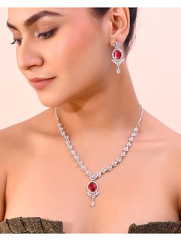 VOJ - Silver-Plated White And Maroon Color Ad-Studded Jewellery Set