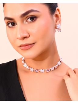 VOJ - Silver Plated Pink And White Stone Studded Necklace With Earrings Set