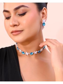 VOJ - Silver Plated Blue And White Stone Studded Necklace With Earrings Set