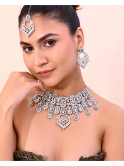 VOJ - Silver Plated Designer Ad Studded Necklace With Earrings And Mangtikka