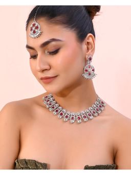 VOJ - Silver Plated Pink Ad Stone Studded Designer With Mangtikka Jewellery Set
