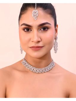 VOJ - Silver Plated Baby Pink Ad Stone Studded Designer Jewellery Set With Mangtikka
