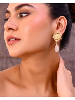 VOJ - Gold Plated Flower Shaped Stone Studded Drop Earrings