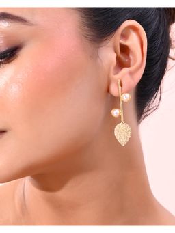 VOJ - Gold Plated Leaf Shaped With Pearl Studded Drop Earrings