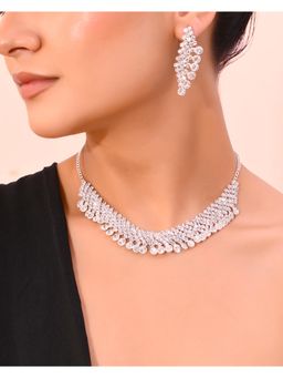 VOJ - Ad Stone Studded Silver Plated Necklace With Drop Earrings Set