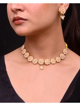 VOJ - Gold Plated Pearl Studded Floral Necklace And Earrings