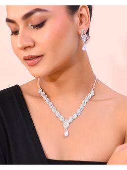VOJ - Silver Plated Cz-Stone Studded With Pearl Jewellery Set