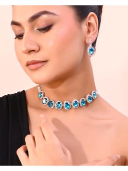 VOJ - Silver Plated Ad-Stone Studded With Blue Stone Choker Set