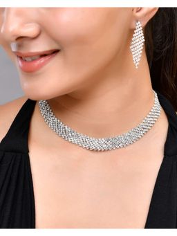 VOJ - Silver Plated Ad Studded Choker And Earrings Set