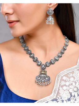 VOJ - Dual Toned Oxidized Necklace With Earrings Set