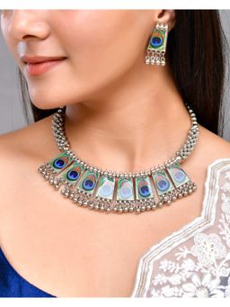 VOJ - Silver Plated Oxidized Peacock Print Hasli With Earring Set