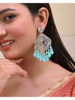 VOJ - Gold Plated Kundan And Teal Stone Studded Drop Earrings
