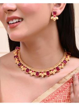 VOJ - Gold Plated Traditional Maroon Stone Studded Jewellery Set
