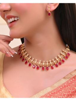 VOJ - Gold Plated Traditional Maroon Stone Studded Necklace And Earrings Set